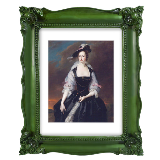 A vintage picture frame with hand-carved floral details in dark green, displayed around a portrait painting.