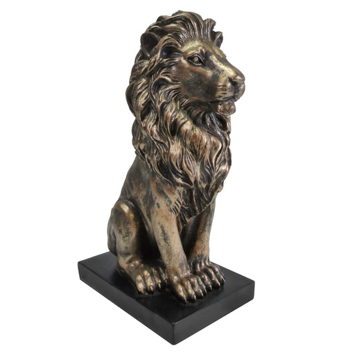 The lion sculpture is made from resin, with a bronzene finish that enhances its intricate textures.