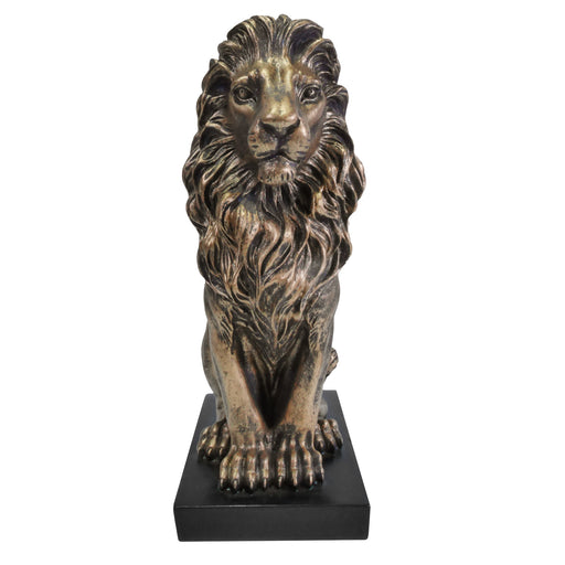 The lion sculpture is made from resin, with a bronzene finish that enhances its intricate textures.