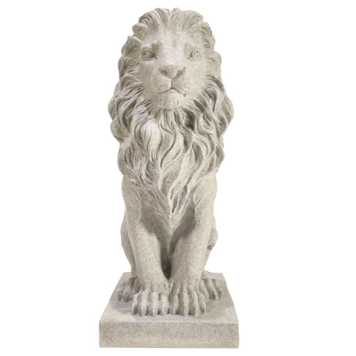The lion sculpture is made from resin, with a beige finish that enhances its intricate textures.