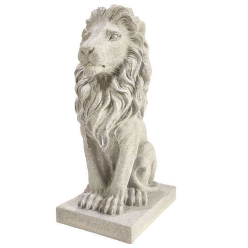 The lion sculpture is made from resin, with a beige finish that enhances its intricate textures.