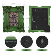 A vintage picture frame with hand-carved floral details in dark green, displayed around a portrait painting.