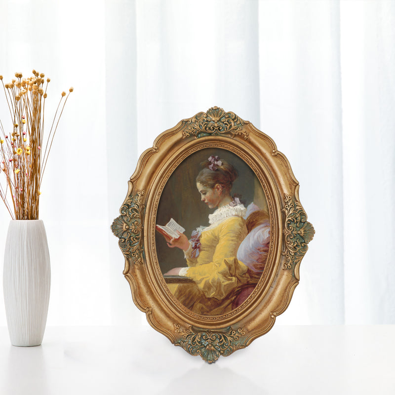 Vintage Oval Picture Frames, Gold Frame with Embossed Flourish Details for Wall and Tabletop