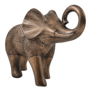 A elephant sculpture standing 6 inches tall, features a rich bronze finish with hand-painted details that highlight its artistry.