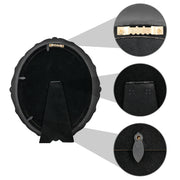 An oval-shaped black picture frame with embossed flourish details. It is designed for both wall and tabletop display.
