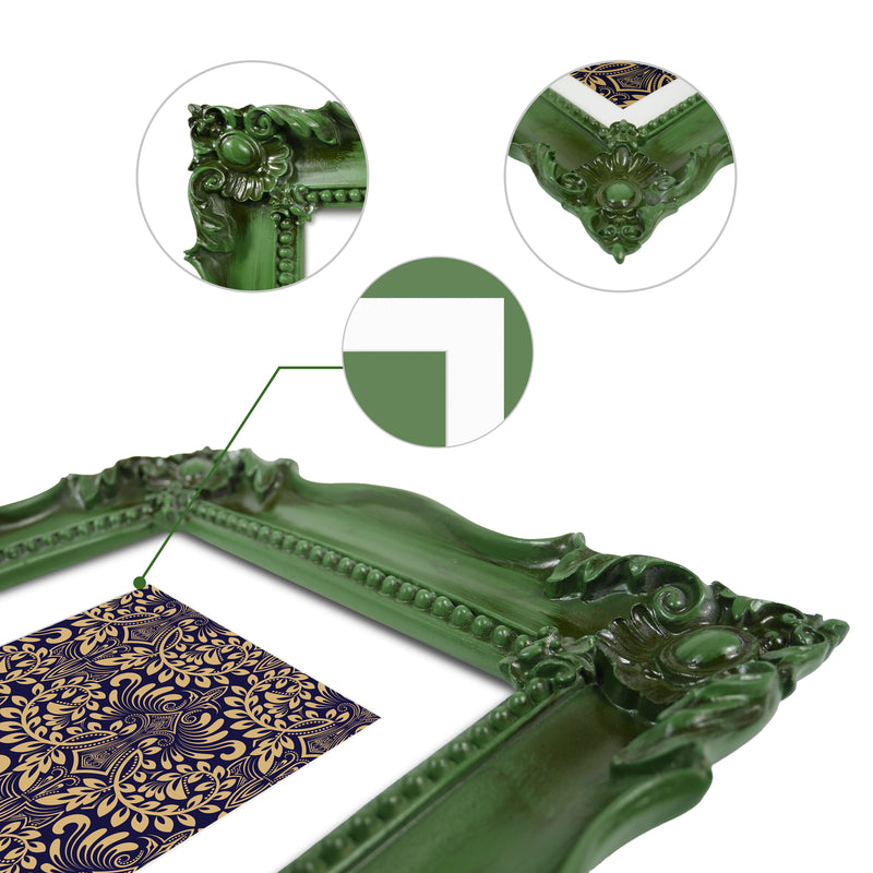 Details of a baroque-style picture frame in dark green color. The frame is designed for wall and tabletop display.
