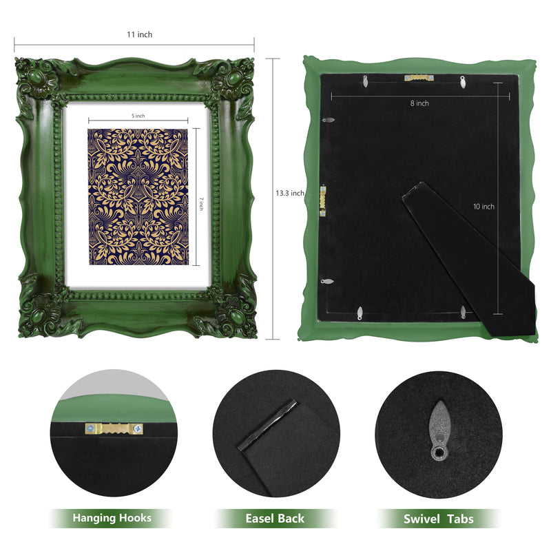 A baroque-style picture frame in dark green color. The frame is designed for wall and tabletop display.