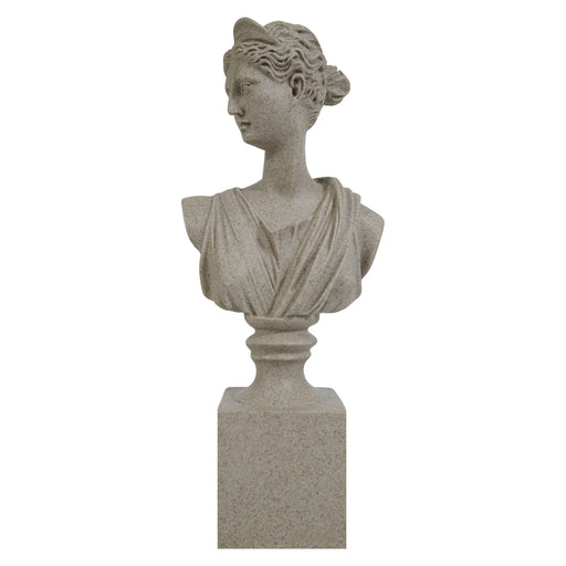 Stone bust of a classical woman on a pedestal against a white background.