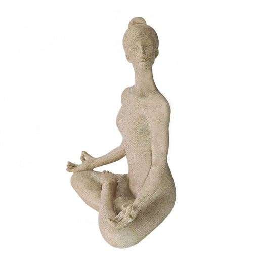 A beige yoga lady statue in a meditation pose, 9.5 inches tall, with a textured surface resembling sandstone.
