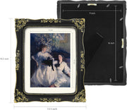 Decorative black and gold picture frame with a painting of two women inside, shown with dimensions.