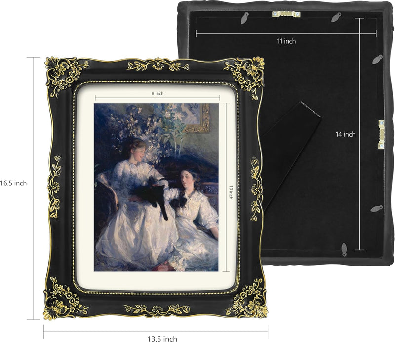 Decorative black and gold picture frame with a painting of two women inside, shown with dimensions.