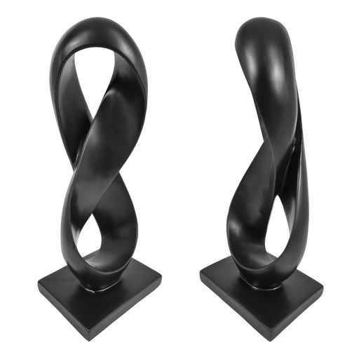 Pair of black twisted bookends on white background.
