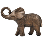 A elephant sculpture standing 6 inches tall, features a rich bronze finish with hand-painted details that highlight its artistry.