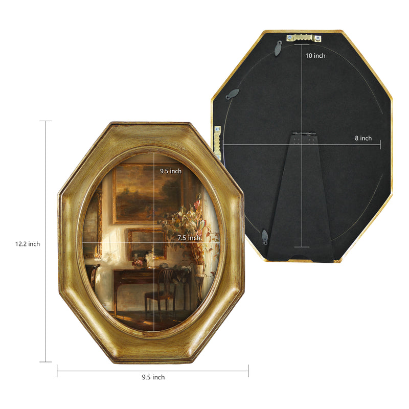 An antique-style octagon picture frame with a brushed gold finish is displayed on a wall.