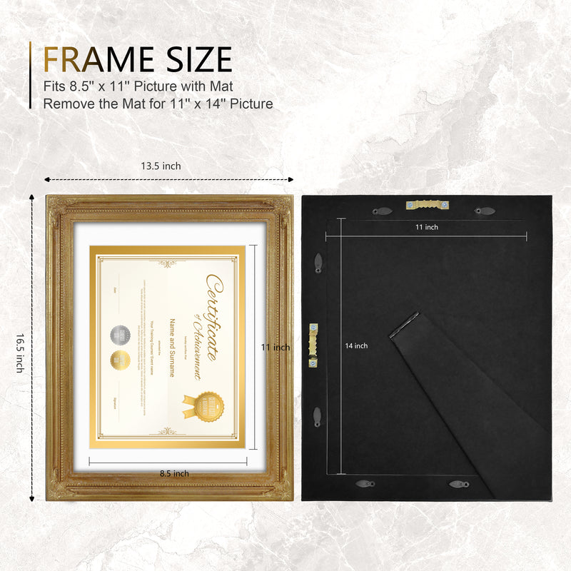 11 x 14 Frames with Mat for 8.5 x 11 Diploma Certificates Documents, Vintage Picture Frames