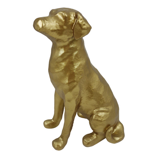 Gold dog figurine on a white background.