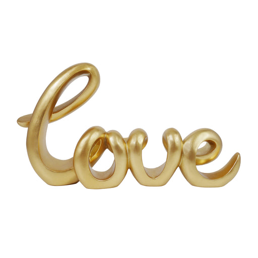 A gold-colored sculpture in the form of the word 'LOVE' in a cursive script, designed for tabletop decor.