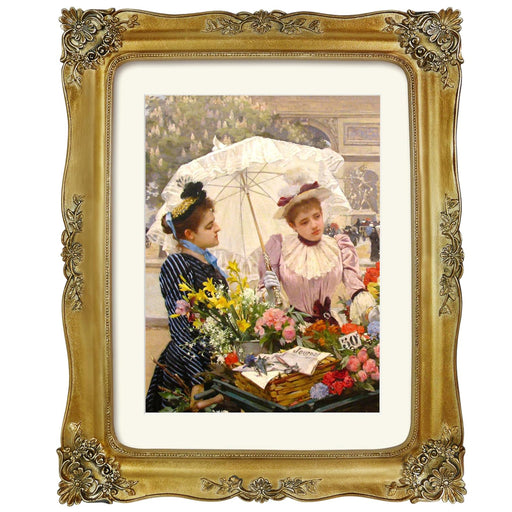 Decorative gold frame with a painting of two women under an umbrella.