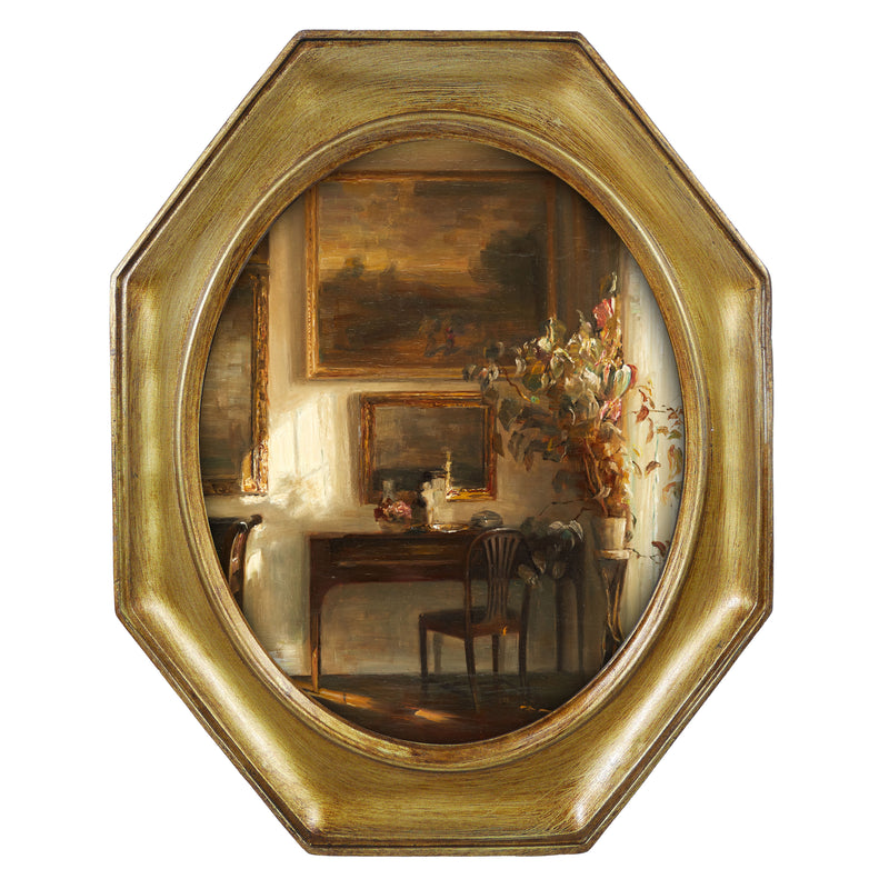 An antique-style octagon picture frame with a brushed gold finish, containing a printed artwork of an MCM style interior.