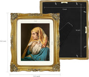 Decorative gold poster frame with a portrait of a woman, showing dimensions on a black background.