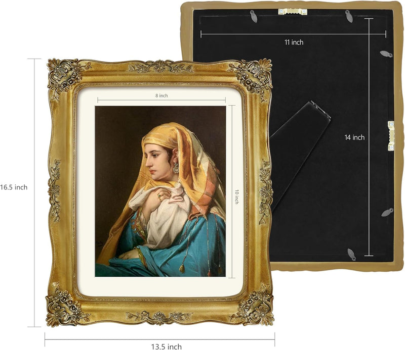 Decorative gold poster frame with a portrait of a woman, showing dimensions on a black background.