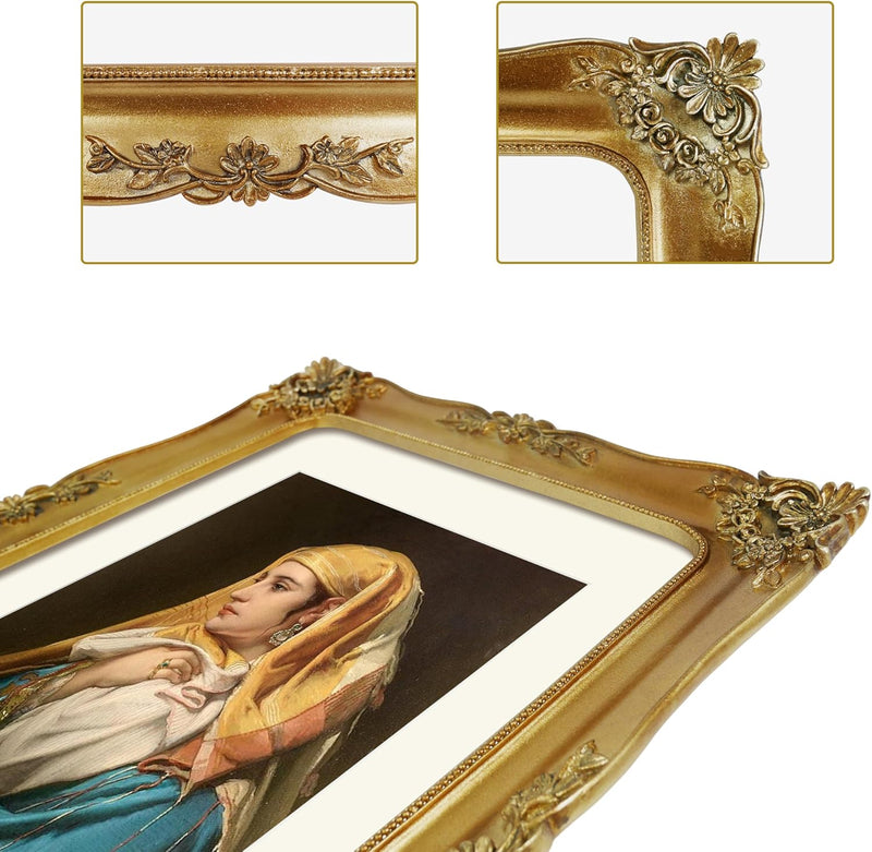 Decorative gold frame with detailed carvings on a white background.