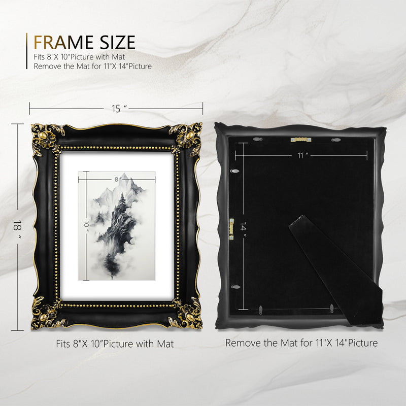 An ornate black picture frame with gold accents, displaying a mountain range artwork.
