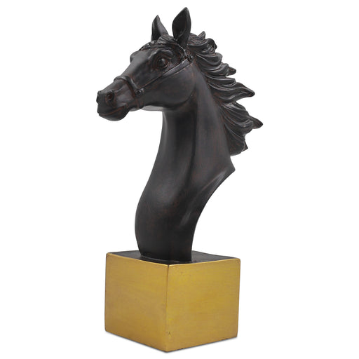 A dark brown horse sculpture standing on a solid golden base.