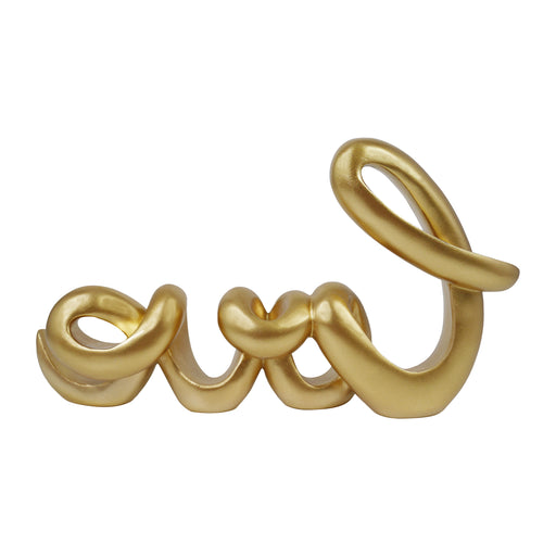 A gold-colored sculpture in the form of the word 'LOVE' in a cursive script, designed for tabletop decor.