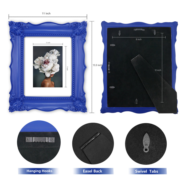 A blue picture frame with a decorative design, displaying a picture of a floral arrangement inside.