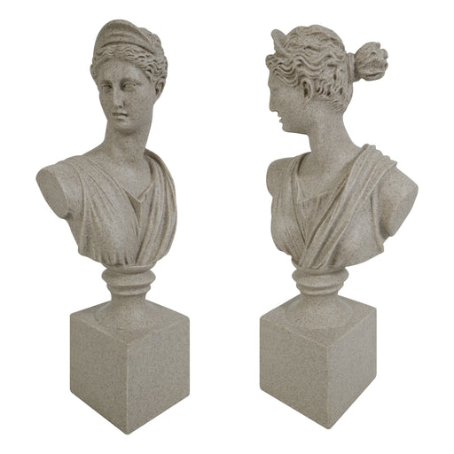 Two stone Diana of Versailles busts on square plinths against a white background.