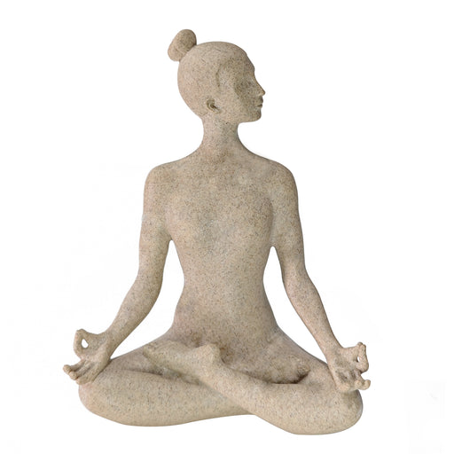 A beige yoga lady statue in a meditation pose, 9.5 inches tall, with a textured surface resembling sandstone.