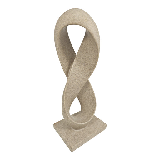 Beige abstract twisted sculpture on a white background.