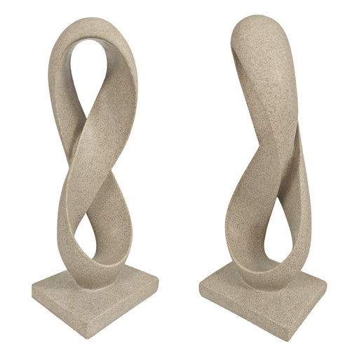 Pair of beige twisted stone sculptures on white background.