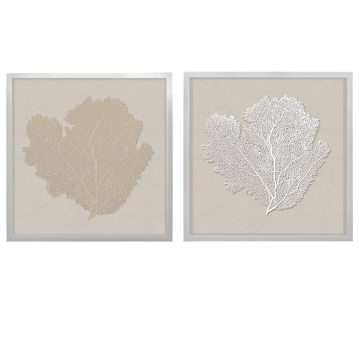 2 PCS Framed Wall Art Sea Fan Coral Beach Home Decor Shadow Box with Linen Backing