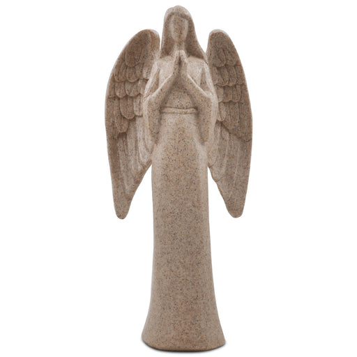 A beige angel figurine standing and praying, made of resin and hand-carved from stone.