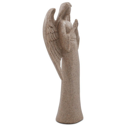A beige angel figurine standing and praying, made of resin and hand-carved from stone.