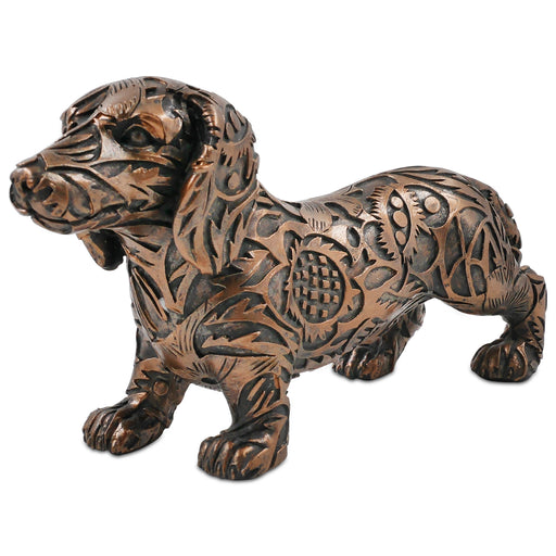 Dachshund statues are beautifully crafted in resin with charming details of paper-cutting style carving.
