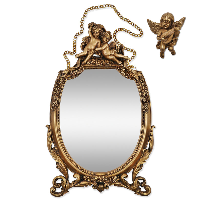 Gold Mirror with Cherub and Floral Ornaments for Wall, Baroque Style Home Decor