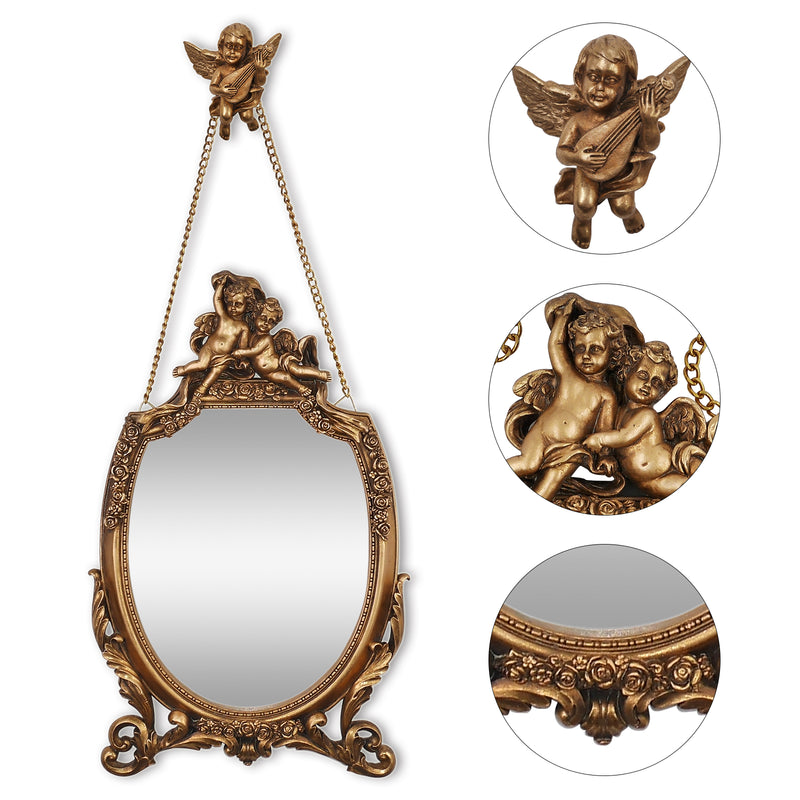 Gold Mirror with Cherub and Floral Ornaments for Wall, Baroque Style Home Decor