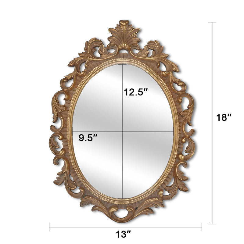A vintage oval wall mirror with a decorative gold frame, designed for mounting on a wall.