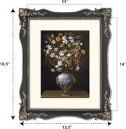 Framed artwork of a still life with flowers and a vase, with dimensions indicated.