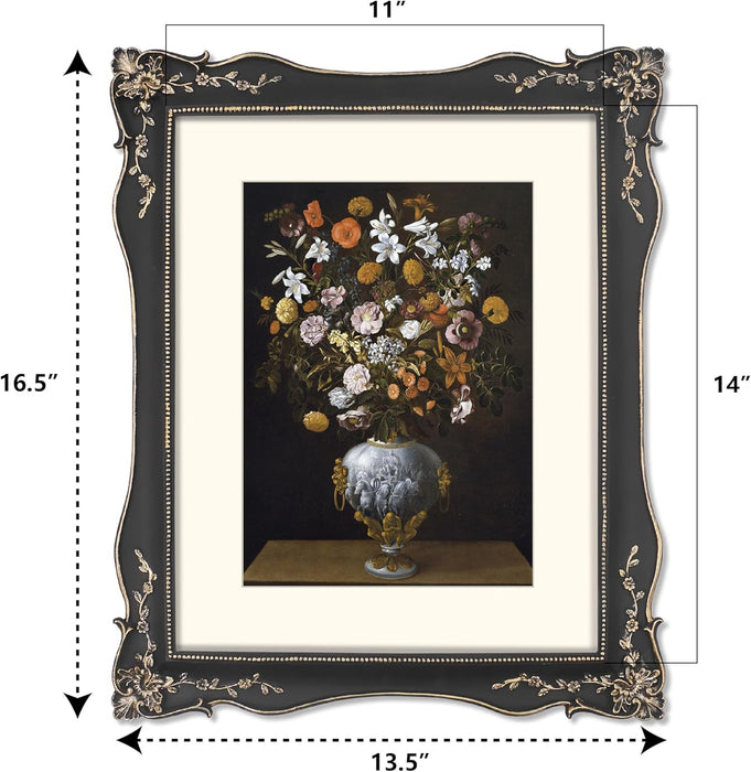 Framed artwork of a still life with flowers and a vase, with dimensions indicated.