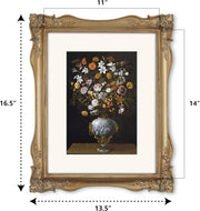 Decorative bronze picture frame with a painting of flowers, showing dimensions.