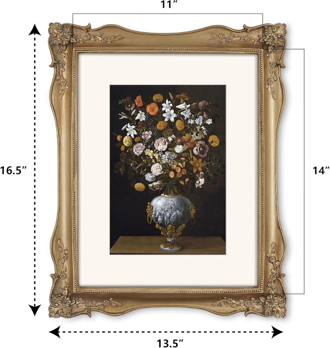 Decorative bronze picture frame with a painting of flowers, showing dimensions.