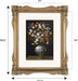 Decorative bronze picture frame with a painting of flowers, showing dimensions.