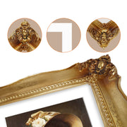 An antique gold picture frame with a white mat, displayed with a picture of a woman in a red dress and a wide-brimmed hat.