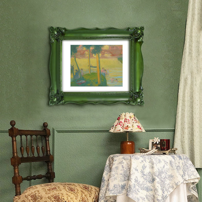 An ornate green picture frame with floral carvings around the border, designed for an 11x14 poster.