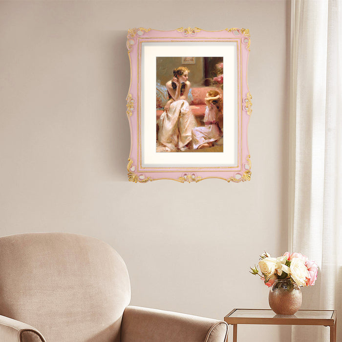 An 11x14-inch picture frame with a mat for an 8x10-inch photo, featuring sculpted edges and decorative accents in a hand-painted antique style finish.