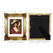 An antique gold picture frame with a white mat, displayed with a picture of a woman in a red dress and a wide-brimmed hat.